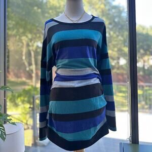 Yincro Blue Multi Stripe Tunic Top Long Sleeve Boho Side Button Sweater XL